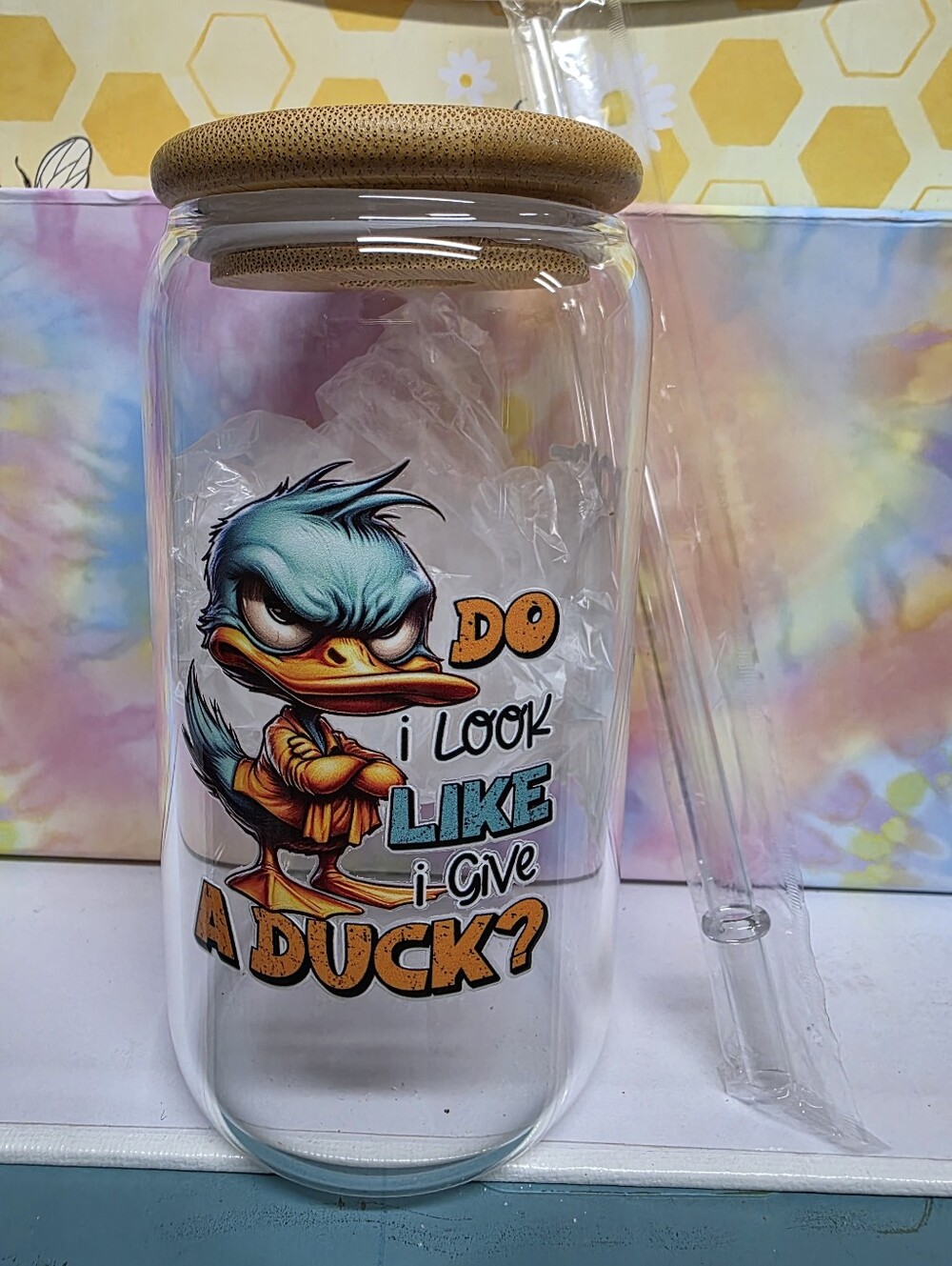 Funny Duck Graphic Glass Jar with Bamboo Lid